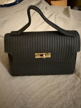 Classic Black Top-Handle Woven Handbag with Gold Turn-Lock